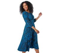 Roman Petite Gathered Chest Dress for Women UK Ladies Stretchy Fit & Flare Swing Tea A Line Skater Knee Length Long Sleeve Midi Casual Work Going Out Cocktail Party - Petite Teal - Size 8