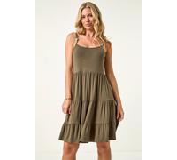 Roman Petite Beaded Strappy Tiered Dress for Women UK - Ladies Everyday Holiday Spring Summer Square Neckline Comfy Soft Evening Vacation Work Party - Petite Khaki - Size 14