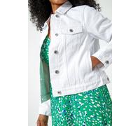 Roman Originals Jean Denim Jacket for Women UK - Ladies 100% Cotton Summer Casual Stretch Crop Smart Utility Trucker Biker Fitted Vintage Wash Faded Classic Jeans Work - Petite White - Size 16
