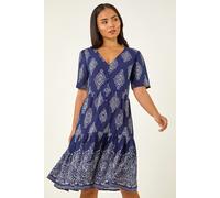 Roman Petite Border Print Tiered Dress for Women UK - Ladies Everyday Holiday Spring Summer V-Neckline Comfy Soft Evening Vacation Work Party - Petite Navy - Size 14