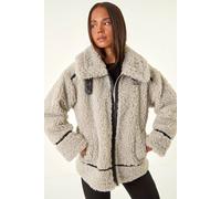 Roman Women's Petite Borg Contrast Aviator Coat in Stone | Size: 16