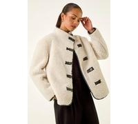 Roman Women's Petite Borg Contrast Button Coat in Stone | Size: 18