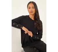 Roman Petite Button Cuff Knit Jumper for Women UK - Ladies Everyday Autumn Winter Round Neckline Comfy Soft Evening Vacation Work Party Night Out - Petite Black - Size 14