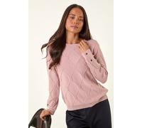 Roman Petite Button Cuff Knit Jumper for Women UK - Ladies Everyday Autumn Winter Round Neckline Comfy Soft Evening Vacation Work Party Night Out - Petite Light Pink - Size 12