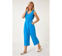 Roman Originals Petite Floral Button Through Jumpsuit for Women UK - Ladies Everyday Holiday Spring Summer V Neckline Comfy Soft Evening Vacation Work Party - Petite Blue - Size 18