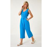 Roman Originals Petite Floral Button Through Jumpsuit for Women UK - Ladies Everyday Holiday Spring Summer V Neckline Comfy Soft Evening Vacation Work Party - Petite Blue - Size 18