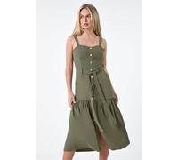 Roman Petite Button Front Tiered Midi Dress for Women UK - Ladies Everyday Holiday Spring Summer Sweetheart Neckline Comfy Soft Evening Vacation Work Party - Petite Khaki - Size 14