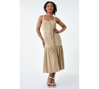 Roman Women's Petite Button Front Tiered Midi Dress in Stone | Size: 14
