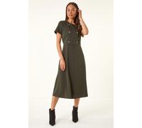 Roman Petite Button Stretch Midi Dress for Women UK - Ladies Everyday Autumn Winter Round Neckline Comfy Soft Evening Vacation Work Party Night Out - Petite Khaki - Size 12