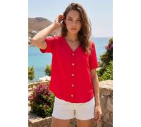 Roman Petite V-Neck Button Through Blouse for Women UK - Ladies Everyday Autumn Winter V-Neckline Comfy Soft Evening Vacation Work Party Night Out - Petite Red - Size 18