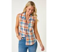 Roman Women's Petite Check Print Button Blouse in Blue | Size: 18