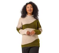 Roman Petite Colour Block Knit Jumper for Women UK - Ladies Everyday Autumn Winter High Neckline Comfy Soft Evening Vacation Work Party Night Out - Petite Khaki - Size 14