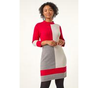 Roman Originals Knitted Jumper Dress for Women UK - Ladies Colour Block Winter Autumn Smart Casual Office Bodycon Workwear Everyday Long Sleeve Knee Length Knit Pocket - Petite Red - Size 16