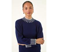 Roman Petite Contrast Detail Knit Jumper for Women UK - Ladies Everyday Autumn Winter High Neckline Comfy Soft Evening Vacation Work Party Night Out - Petite Navy - Size 14
