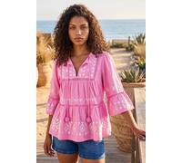 Roman Petite Contrast Print Pom Pom Top for Women UK - Ladies Everyday Holiday Spring Summer V-Neckline Comfy Soft Evening Vacation Work Party - Petite Pink - Size 16