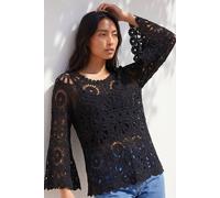 Roman Women's Petite Crochet Flare Sleeve Top in Black | Size: Medium/Large Roman Black M/L