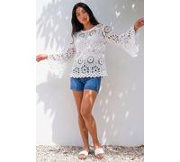 Roman Women's Petite Crochet Flare Sleeve Top in White | Size: Medium/Large Roman White M/L