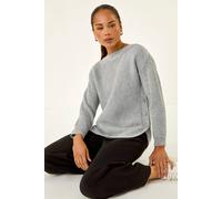 Roman Petite Curve Hem Knit Jumper for Women UK - Ladies Everyday Autumn Winter Round Neckline Comfy Soft Evening Vacation Work Party Night Out - Petite Grey - Size 18