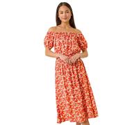 Roman Petite Ditsy Bardot Midi Dress for Women UK - Ladies Spring Everyday Summer Holiday Short Sleeve Soft Fit & Flare Comfy Tie Detail Frock Office Business Gowns - Coral - Size 14