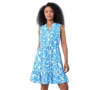 Roman Petite Textured Cotton Frill Tunic Dress for Women UK - Ladies Everyday Holiday Spring Summer V-Neckline Comfy Soft Evening Vacation Work Party - Petite Blue - Size 18