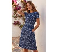 Roman Shift Dress with Pockets for Women UK - Ladies Summer Autumn Winter Smart Casual Work Short 3/4 Sleeve Tunic Knee Length Pleated Gathered Waist Tea Loose - Purple & Blue - Size 16