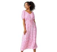 Roman Petite Ditsy Floral Stretch Midi Dress for Women UK - Ladies Everyday Holiday Spring Summer V Neckline Comfy Soft Evening Vacation Work Party - Pink - Size 18