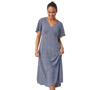 Roman Petite Floral Print Midi Dress for Women UK - Ladies Everyday Holiday Spring Summer V-Neckline Comfy Soft Evening Vacation Work Party - Navy - Size 10