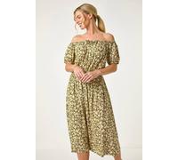 Roman Petite Ditsy Bardot Midi Dress for Women UK - Ladies Spring Everyday Summer Holiday Short Sleeve Soft Fit & Flare Comfy Tie Detail Frock Office Business Gowns - Khaki - Size 14