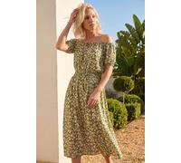 Roman Petite Ditsy Bardot Midi Dress for Women UK - Ladies Spring Everyday Summer Holiday Short Sleeve Soft Fit & Flare Comfy Tie Detail Frock Office Business Gowns - Khaki - Size 18