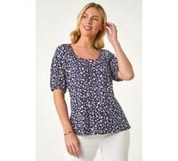 Roman Petite Ditsy Print Button Front Top for Women UK - Ladies Everyday Holiday Spring Summer Round Neckline Comfy Soft Evening Vacation Work Party - Petite Navy - Size 16