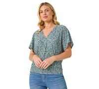 Roman Petite Ditsy Print Crinkle Blouson Top for Women UK - Ladies Spring Everyday Summer Holiday V-Neckline Comfy Short Sleeve Soft Stretch Fabric Shirt Day Out Blouses - Blue - Size 16