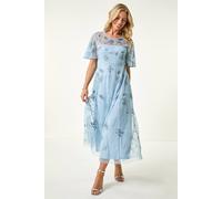 Roman Petite Embroidered Mesh Midi Dress for Women UK - Ladies Everyday Holiday Spring Summer Round Neckline Comfy Soft Evening Vacation Work Party - Petite Blue - Size 16