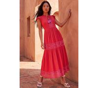 Roman Women's Petite Embroidered Tiered Midi Dress in Red | Size: 16 Roman Red 16