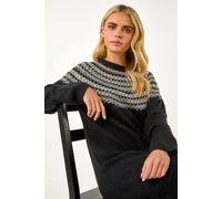Roman Thick Jumper Dress for Women UK Ladies Fairisle Aztec Knitted Knit Sweater Knitwear Autumn Winter Holiday Round Neck Long Sleeve Soft Knee Length Sweat Warm Thick - Petite Black - Size 14