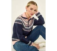 Roman Petite Fairisle Zip Detail Jumper for Women UK - Ladies Autumn Everyday Winter Holiday Long Sleeve Warm Ribbed Knit Comfy Soft Feel Top Daywear Sweaters - Navy - Size 12