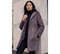 Roman Petite Faux Sheepskin Reversible Hooded Coat for Women UK Ladies Autumn Everyday Winter Holiday Long Sleeve Soft Pocket Details Comfy Relaxed Fit Office Desk - Petite Taupe - Size 14