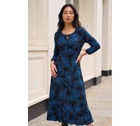 Roman Women's Petite Feather Print Keyhole Midi Dress in Blue | Size: 10 Roman Blue 10