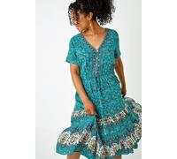 Roman Originals Shirred Waist Dress for Women UK Ladies Midi Maxi Summer Spring Tiered Frill Hem Empire Waist Short Sleeve V Neck Gathered Skirt Bohemian Holiday - Petite Blue Orange - Size 10