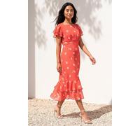 Roman Petite Floral Frill Tiered Midi Dress for Women UK - Ladies Everyday Holiday Spring Summer Round Neckline Comfy Soft Evening Vacation Work Party - Petite Coral - Size 18