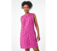 Roman Petite Floral Embroidered Shift Dress for Women UK - Ladies Spring Everyday Summer Holiday Notch Neckline Comfy Sleeveless Soft Knee Length Frock Office Business Gowns - Magenta - Size 16