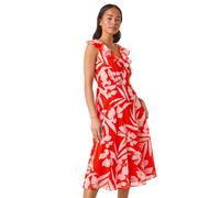 Roman Originals Frill Dress For Women UK Ladies Summer Wrap Chiffon Frill Hem Layered Belted Midi Maxi Tiered Cape Special Occasion Fit & Flare Wedding Guest Swing Skater - Petite Red Floral - Size 16