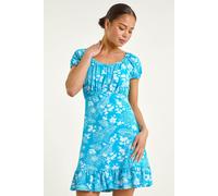 Roman Originals Women Gathered Chest Dress Ladies Stretchy Fit & Flare Swing Tea A Line Skater Empire Waist Ruched Knee Length Midi Smart Casual Work Going Out Party - Petite Turquoise - Size 12