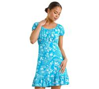 Roman Originals Women Gathered Chest Dress Ladies Stretchy Fit & Flare Swing Tea A Line Skater Empire Waist Ruched Knee Length Midi Smart Casual Work Going Out Party - Petite Turquoise - Size 18