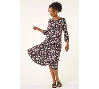 Roman Petite Floral Gathered Midi Dress In Black Black