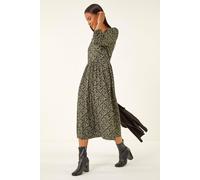 Roman Originals Stretchy Dress for Women UK Ladies Pockets Gathered Waist Ruched Chest Midi Holiday Spring Summer V Neckline Evening Vacation Work Party Going Out Soft - Petite Green Floral - Size 14