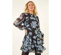Roman Women's Petite Floral Print Frill Swing Dress in Black | Size: 18 Roman Black 18