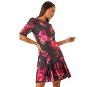 Roman Petite Floral Print Mesh Stretch Dress for Women UK - Ladies Everyday Autumn Winter Round Neckline Comfy Soft Evening Vacation Work Party Night Out - Petite Black - Size 16