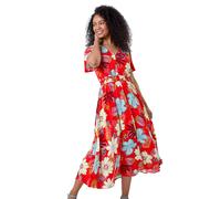 Roman Originals Shirred Waist Dress for Women UK Ladies Midi Maxi Summer Spring Tiered Frill Hem Empire Waist Short Sleeve V Neck Gathered Skirt Bohemian Holiday - Petite Floral Red - Size 14