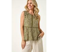Roman Women's Petite Floral Print Trim Vest Top in Khaki | Size: 14
