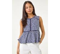 Roman Petite Floral Print Trim Vest Top for Women UK - Ladies Everyday Holiday Spring Summer Round Neckline Comfy Soft Evening Vacation Work Party - Petite Navy - Size 14